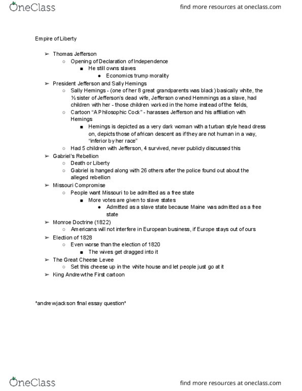 HIST205 Lecture Notes - Lecture 12: Sally Hemings, Missouri Compromise, Monroe Doctrine thumbnail