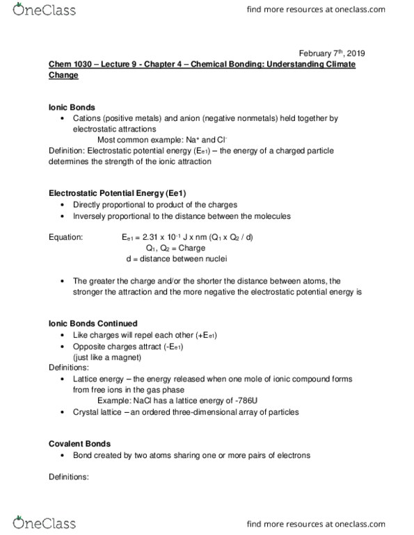 CHEM 1030 Lecture 9: Chapter 4- Chemical Bonding: Understanding Climate Change thumbnail