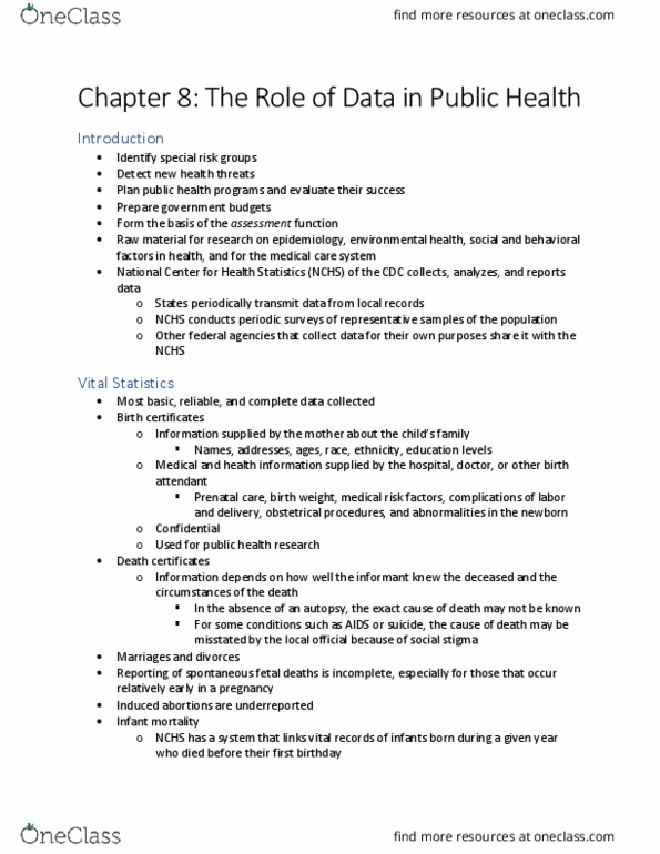 HLT 2320 Chapter 8: The Role of Data in Public Health thumbnail