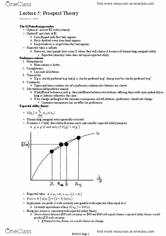 ECO331H1 Lecture Notes - Lecture 5: Marginal Utility, Prospect Theory, Loss Aversion thumbnail
