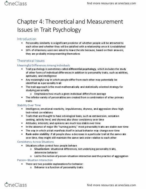 PSYC 3325 Chapter 4: Theoretical and Measurement Issues in Trait Psychology thumbnail