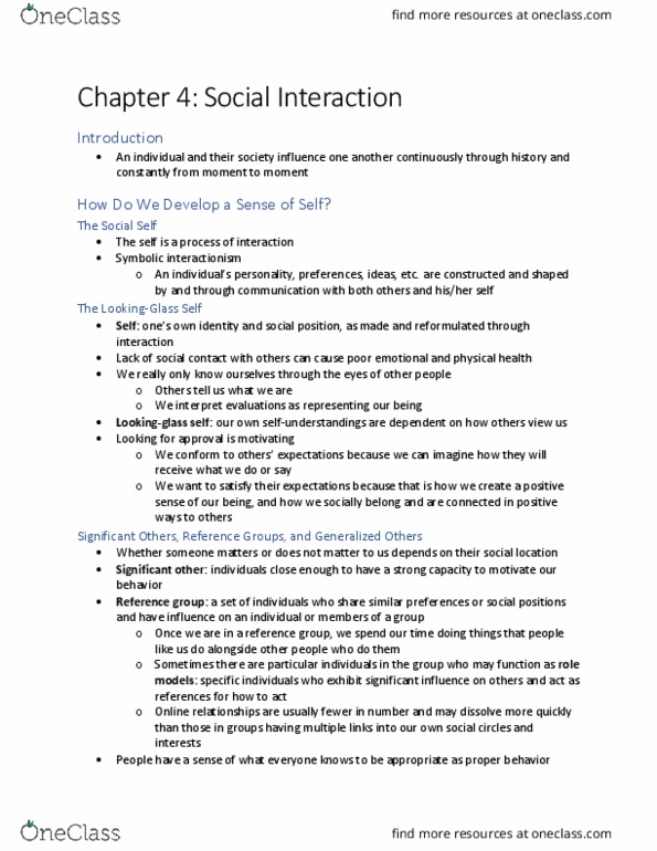 SOC 1300 Chapter 4: Social Interaction thumbnail