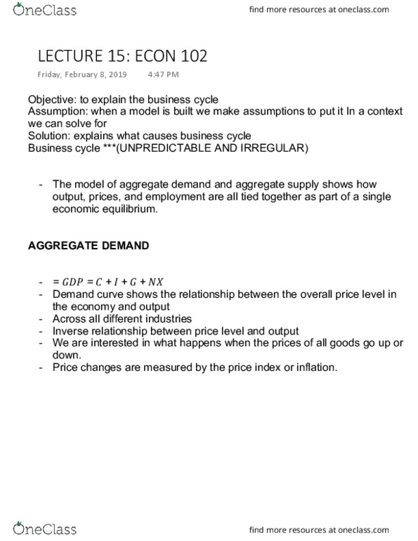 ECON102 Lecture Notes - Lecture 15: Economic Equilibrium, Aggregate Demand, Aggregate Supply cover image