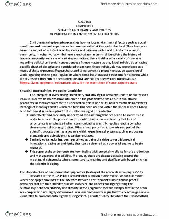 SOC 7108 Chapter Notes - Chapter 13: Epigenetics, Complex Dynamics, Epigenome thumbnail