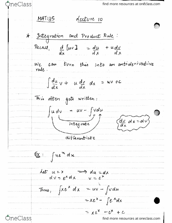 MAT135Y5 Lecture 10: INTEGRATION AND PRODUCT RULE cover image