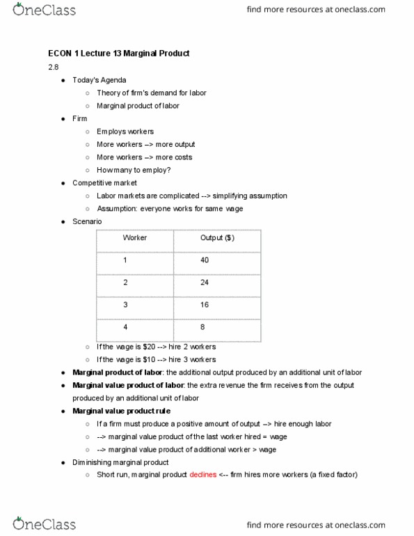 ECON 1 Lecture Notes - Lecture 15: Marginal Product, Product Rule cover image