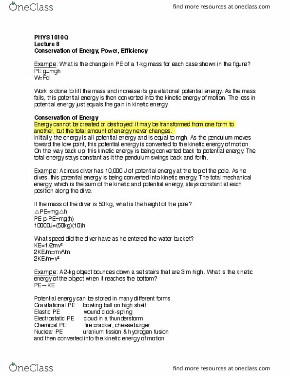 PHYS 1010Q Lecture 8: Conservation of Energy, Power, Efficiency thumbnail