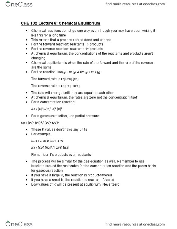 CHE 132 Lecture Notes - Lecture 6: Chemical Equilibrium, Partial Pressure cover image