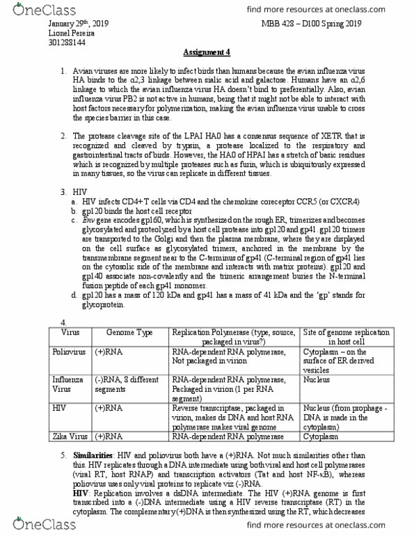 MBB 428 Lecture Notes - Lecture 4: Gp41, Envelope Glycoprotein Gp120, Reverse Transcriptase thumbnail