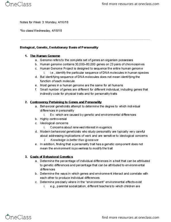 PSY 370 Lecture Notes - Lecture 3: Human Genome Project, Trait Theory, Boogie 2Nite thumbnail