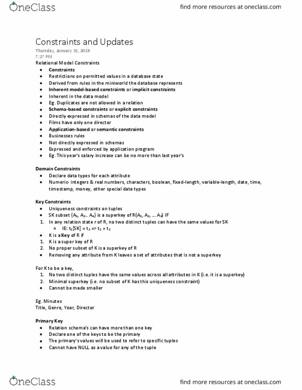 CS338 Lecture Notes - Lecture 3: Superkey, Data Domain, Subset thumbnail