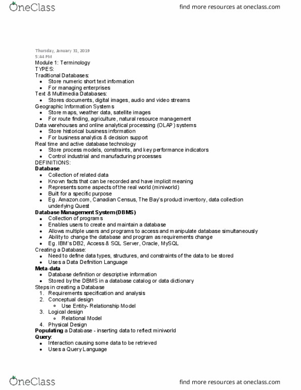 CS338 Lecture Notes - Lecture 1: Database, Data Definition Language, Online Analytical Processing thumbnail