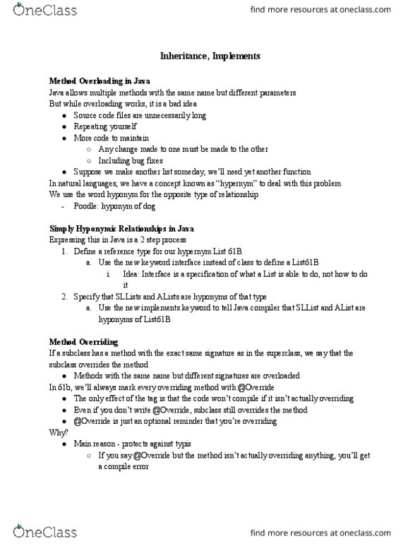 COMPSCI 61B Lecture Notes - Lecture 8: Hyponymy And Hypernymy, Method Overriding thumbnail