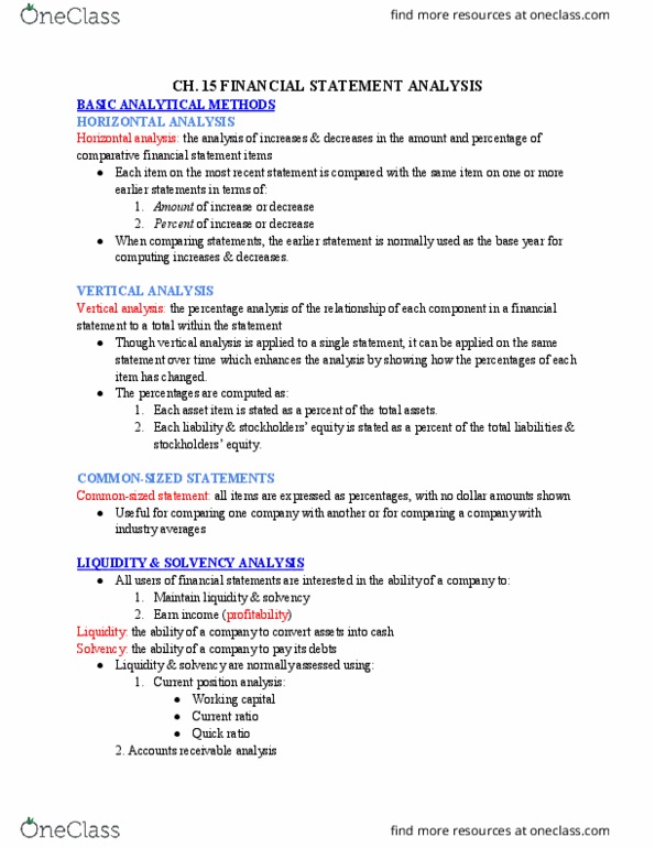 ACCTG 1B Chapter Notes - Chapter CH. 15 Financial Statement Analysis: Financial Statement, Asset, Current Liability thumbnail