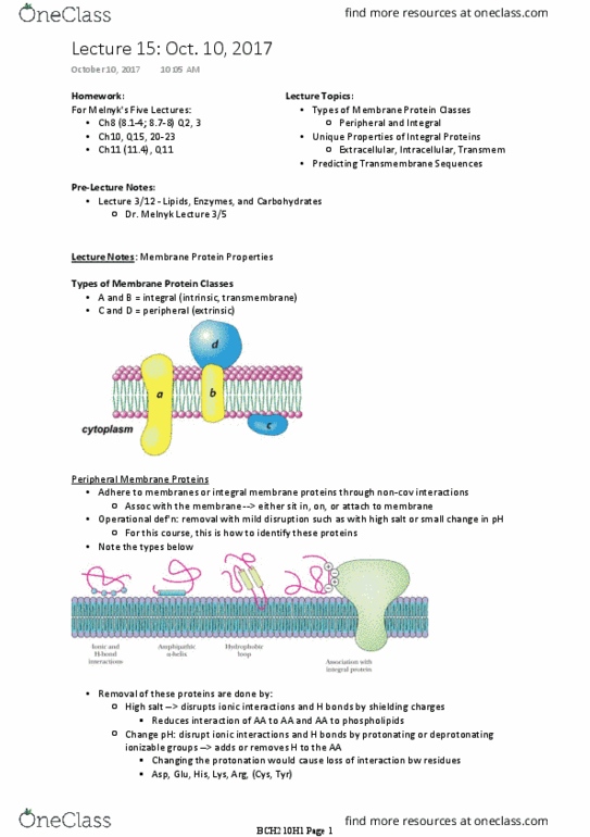 BCH210H1 Lecture Notes - Lecture 15: Peripheral Membrane Protein, Integral Membrane Protein, Intracellular Ph thumbnail