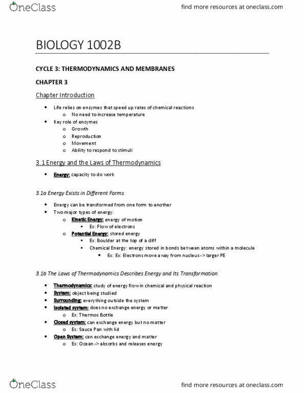 Biology 1002B Chapter Notes - Chapter 3: Isolated System, Thermodynamics, Closed System thumbnail