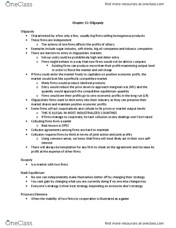 ECON 1B03 Chapter Notes - Chapter 11: Nash Equilibrium, Competitive Equilibrium, Oligopoly thumbnail