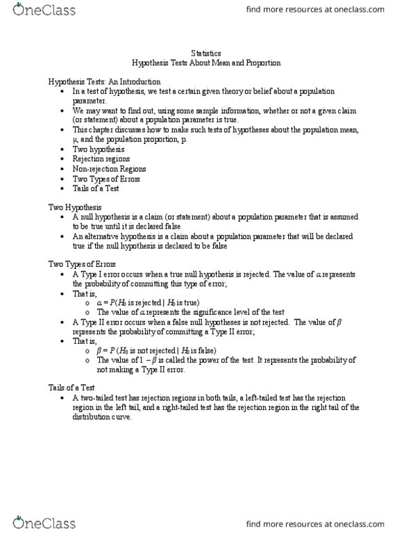 SOCSCI 2J03 Lecture Notes - Lecture 9: Type I And Type Ii Errors, Null Hypothesis, Statistical Parameter thumbnail