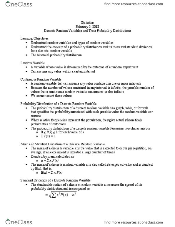 SOCSCI 2J03 Lecture Notes - Lecture 5: Random Variable, Continuous Or Discrete Variable, Standard Deviation thumbnail