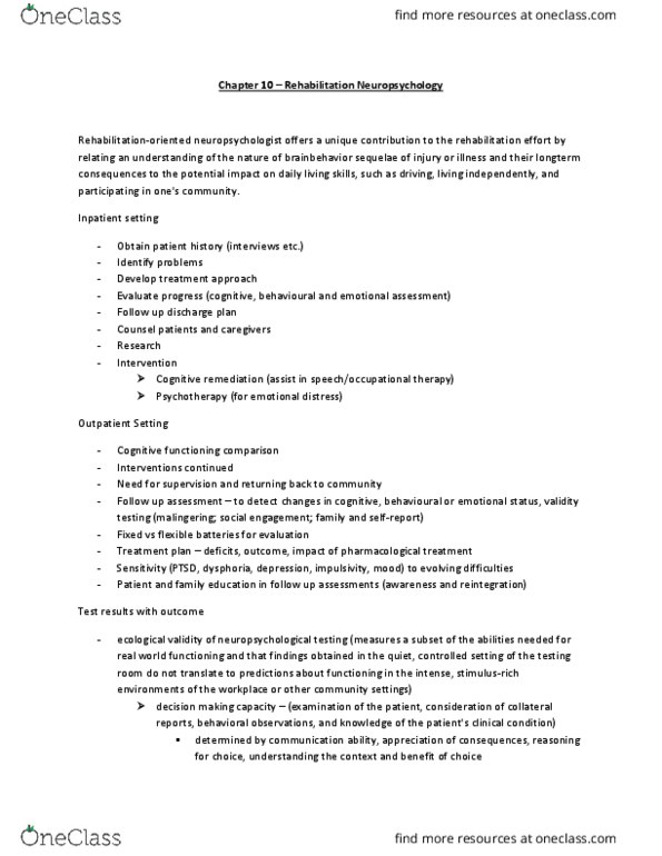 PSYC 4270 Chapter Notes - Chapter 10: Malingering, Dysphoria, Neuropsychology thumbnail