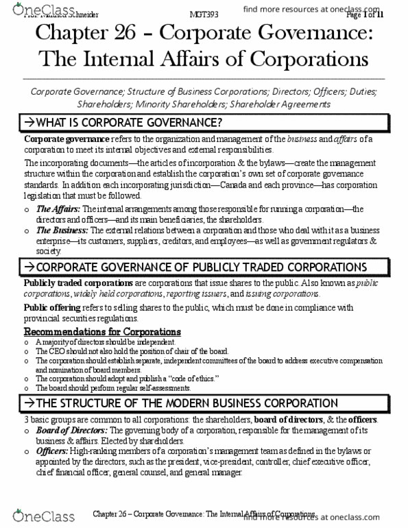 MGT393H5 Chapter 26: Chapter 26 (Corporate Governance - The Internal Affairs of Corporations) - MGT393 (2019) thumbnail