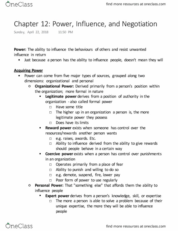 Management and Organizational Studies 2181A/B Chapter 12: OB-Chapter 12 Power, Influence, and Negotiation thumbnail