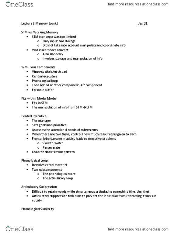 PSYC 221 Lecture Notes - Lecture 8: Alan Baddeley, Frontal Lobe, Binding Problem thumbnail