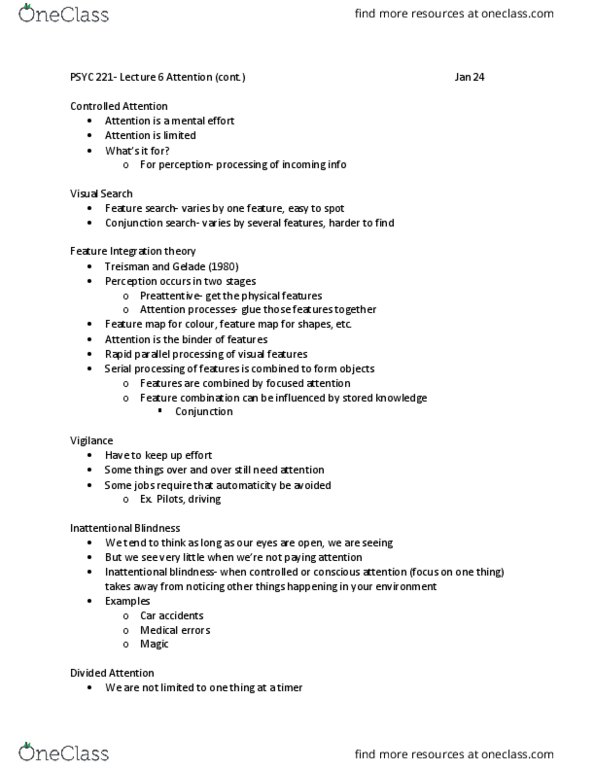 PSYC 221 Lecture Notes - Lecture 6: Inattentional Blindness, Parietal Lobe, Psychological Refractory Period thumbnail