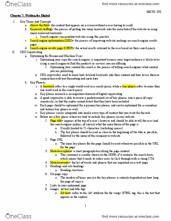 MKTG 370 Chapter Notes - Chapter 7: Keyword Stuffing, Copywriting, Alt Attribute thumbnail