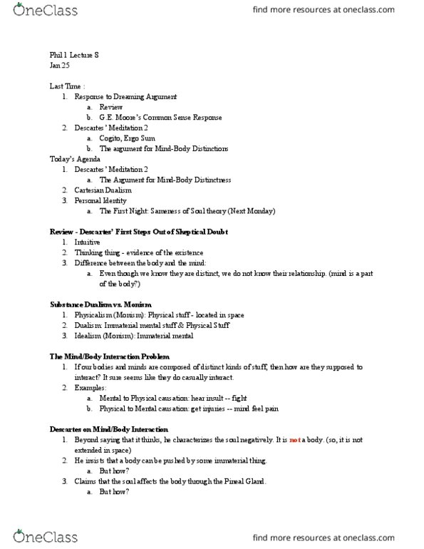 PHIL 1 Lecture Notes - Lecture 8: The First Night, Monism, Physicalism thumbnail