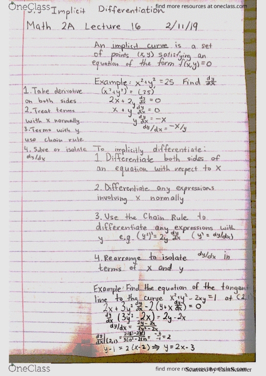 MATH 2A Lecture 16: 3.5 Implicit DIfferentiation cover image