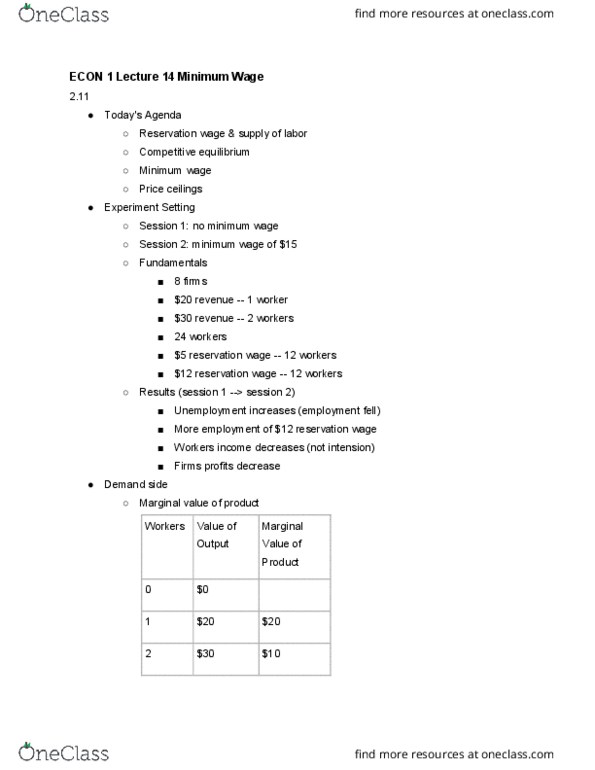 ECON 1 Lecture Notes - Lecture 16: Reservation Wage, Price Ceiling, Competitive Equilibrium cover image