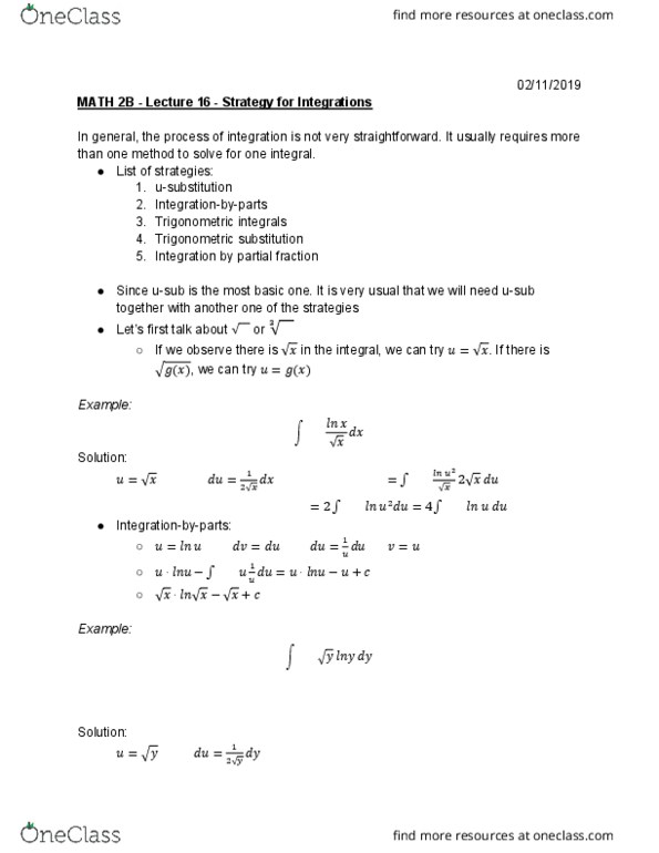 MATH 2B Lecture Notes - Lecture 16: Trigonometric Substitution, Partial Fraction Decomposition thumbnail