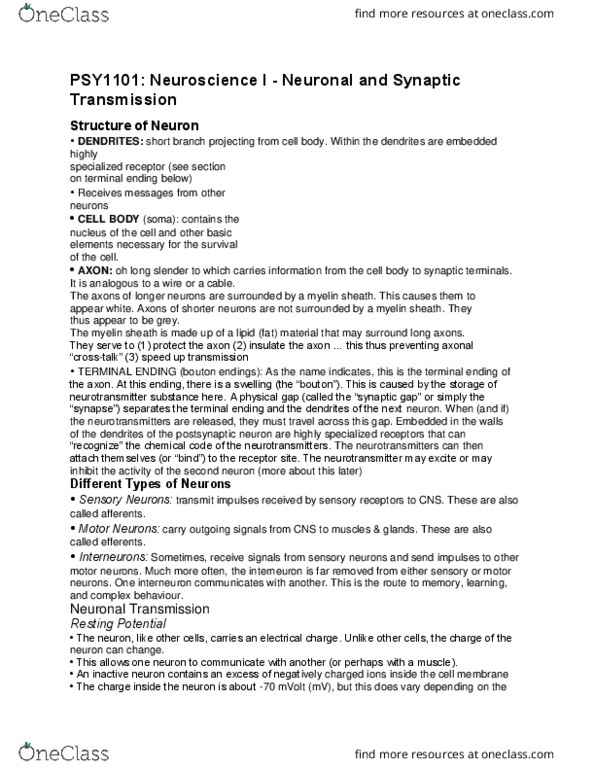 PSY 1101 Lecture Notes - Lecture 6: Neurotransmitter Receptor, Myelin, Resting Potential thumbnail