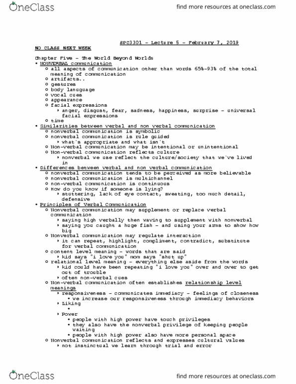 SPC 3301 Lecture Notes - Lecture 5: Nonverbal Communication, Proxemics, Chronemics thumbnail