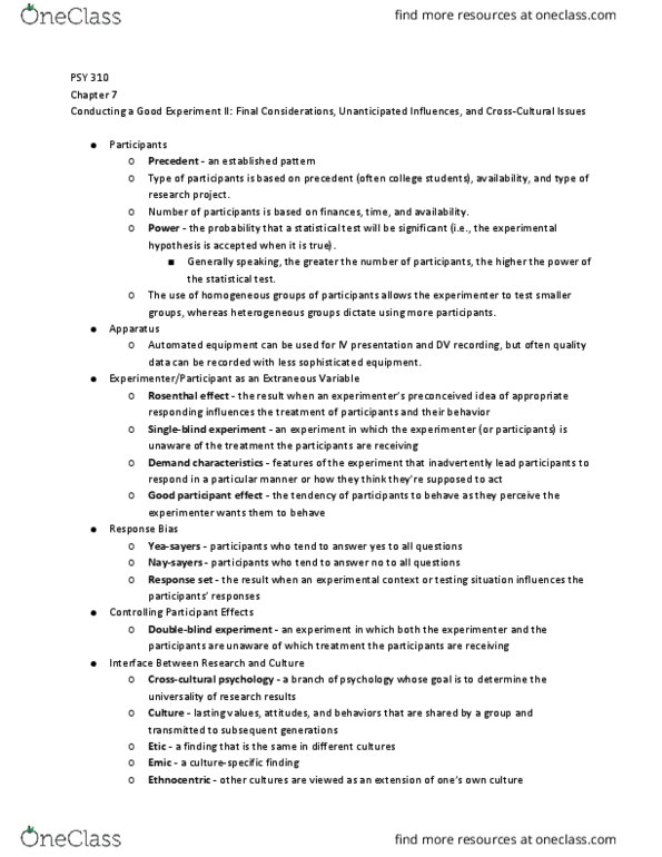 PSY 310 Chapter Notes - Chapter 7: Statistical Hypothesis Testing, Demand Characteristics, Emic And Etic thumbnail