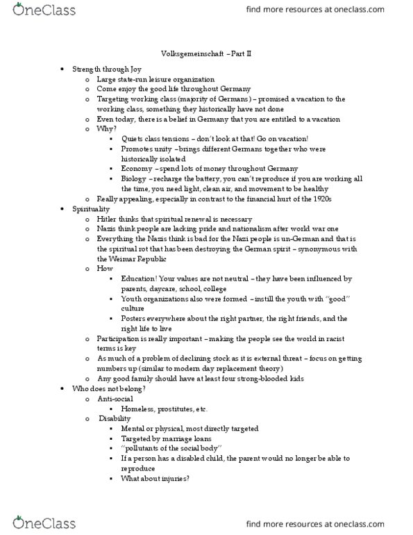HST 295 Lecture Notes - Lecture 10: Volksgemeinschaft, Eugenics, Aryan Paragraph thumbnail