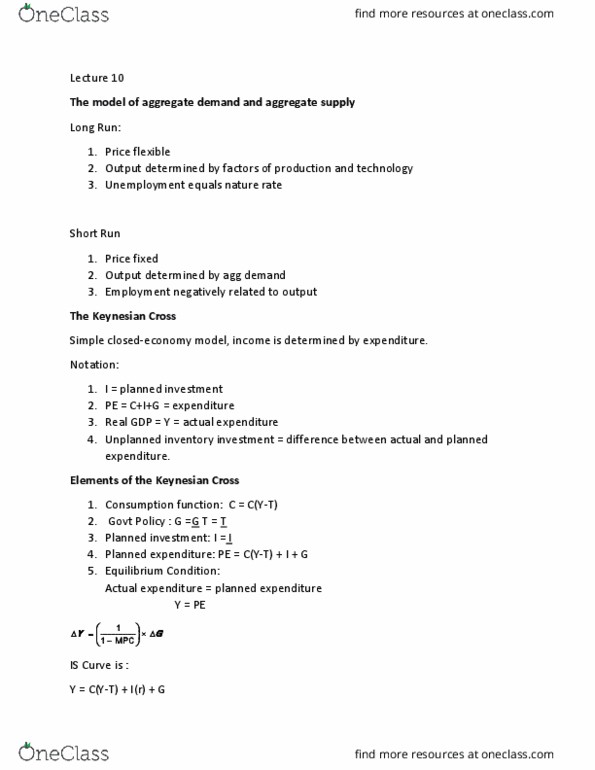 ECON 402 Lecture Notes - Lecture 10: Keynesian Cross, Aggregate Demand, Aggregate Supply cover image