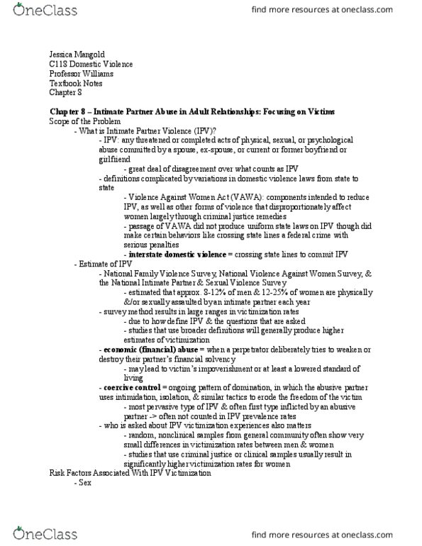 CRM/LAW C118 Chapter Notes - Chapter 8: Intimate Partner Violence, Violence Against Women Act, Abusive Power And Control thumbnail