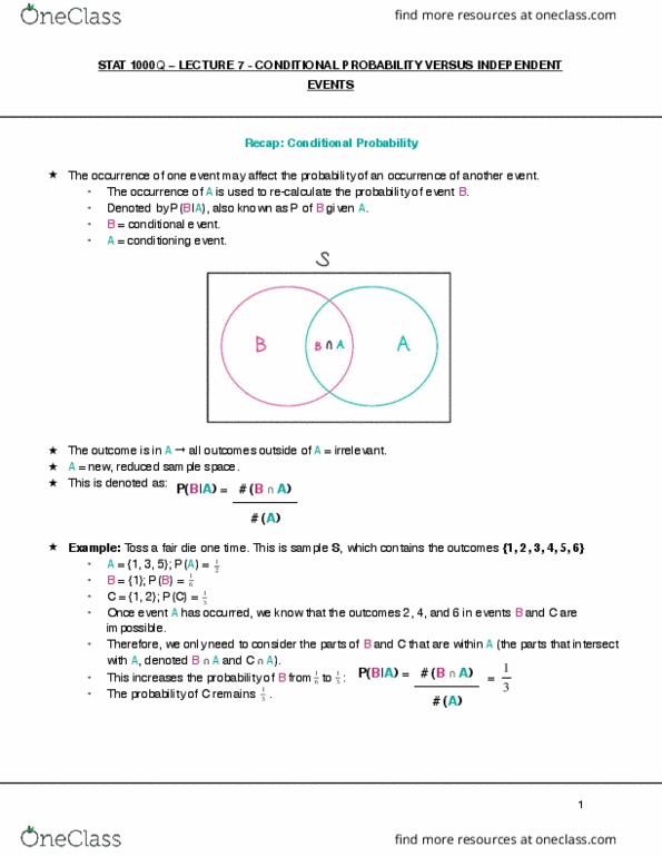 STAT 1000Q Lecture Notes - Lecture 7: Conditional Probability, Sample Space thumbnail