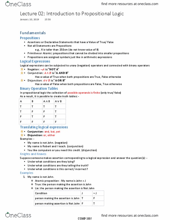 COMP 1805 Lecture Notes - Lecture 2: Propositional Calculus thumbnail
