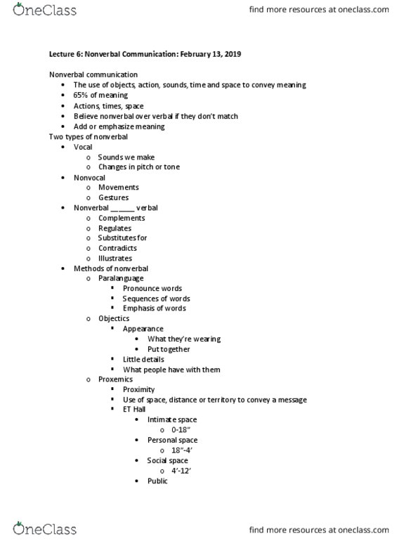 COMM 1000 Lecture Notes - Lecture 6: Nonverbal Communication, Paralanguage, Proxemics thumbnail