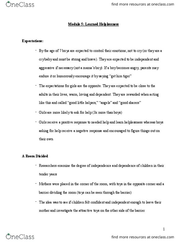 SOCSCI 2CC3 Lecture Notes - Lecture 5: Learned Helplessness thumbnail