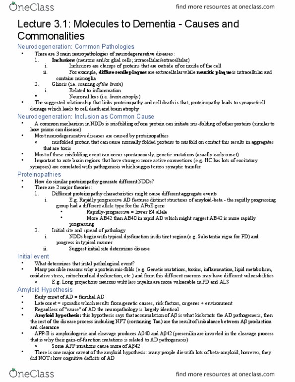 HMB440H1 Lecture Notes - Lecture 3: Senile Plaques, Substantia Nigra, Neurodegeneration thumbnail