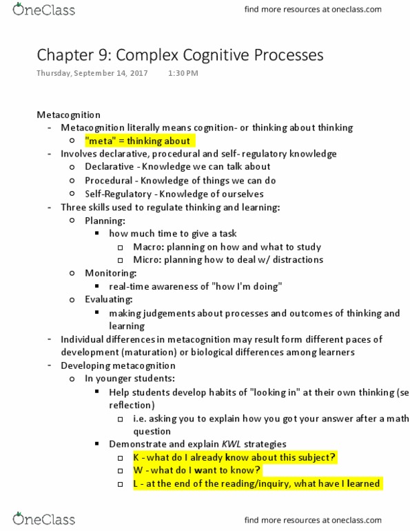 EDPS 200 Lecture Notes - Lecture 9: Metacognition, Procedural Knowledge, Nonconformist thumbnail