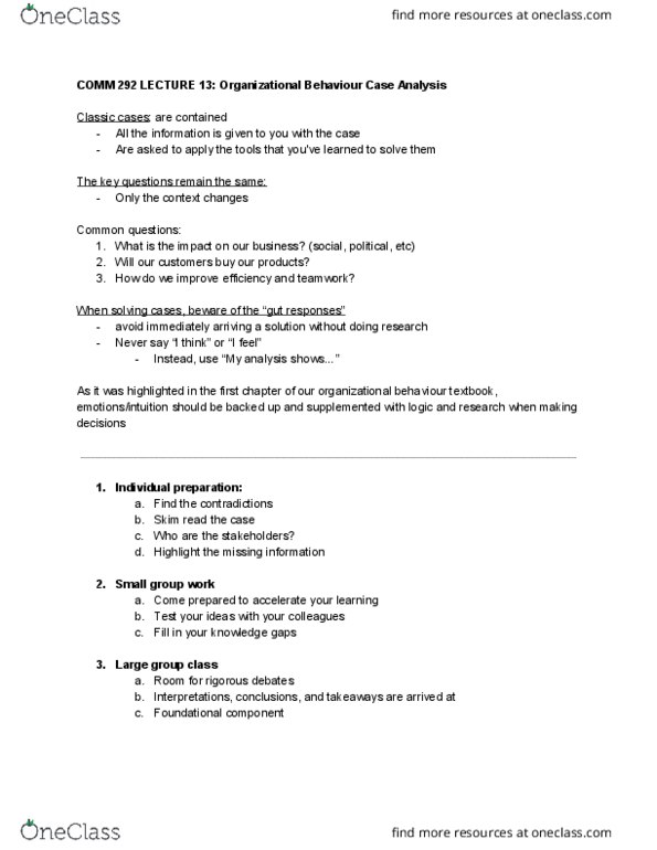 COMM 292 Lecture 13: Organizational Behavior Case Analysis Review thumbnail