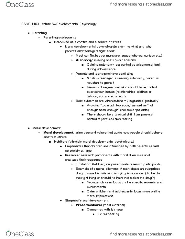 PSYC 1103 Lecture Notes - Lecture 9: Developmental Psychology, Moral Development, Autobiographical Memory thumbnail