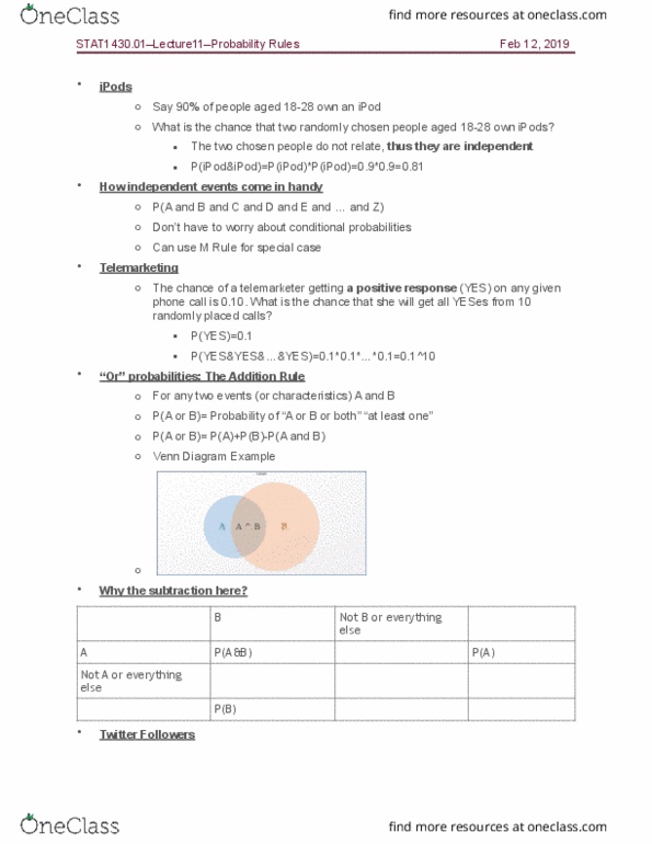 STAT 1430 Lecture Notes - Lecture 11: Venn Diagram, Telemarketing, Brutus Buckeye cover image