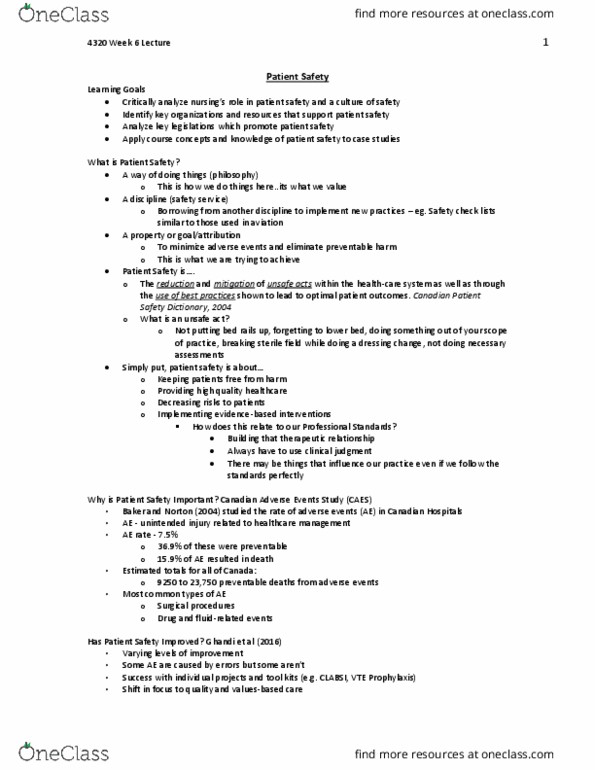 Nursing 4320A/B Lecture 6: 4320 Week 6 Lecture-Patient Safety thumbnail