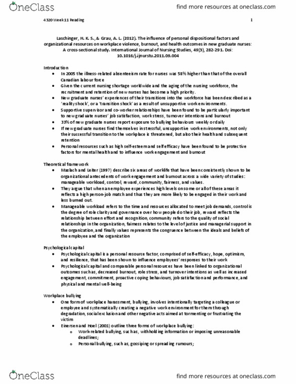 Nursing 4320A/B Chapter Notes - Chapter 11: Workplace Violence, Job Satisfaction, Absenteeism thumbnail
